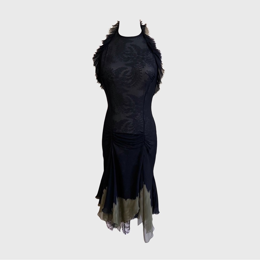 Versace Black & Khaki Lace Ruffle Halter Dress
